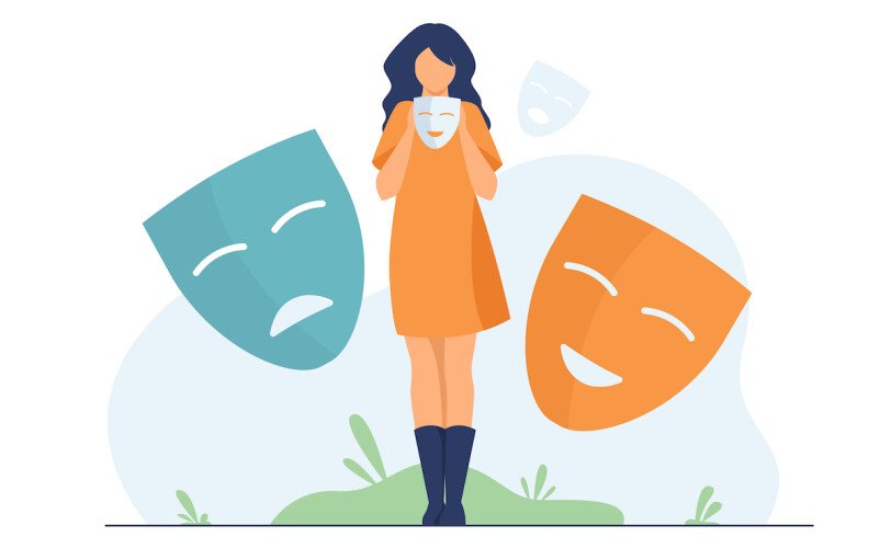 Illustration of a woman hiding her emotions with a mask